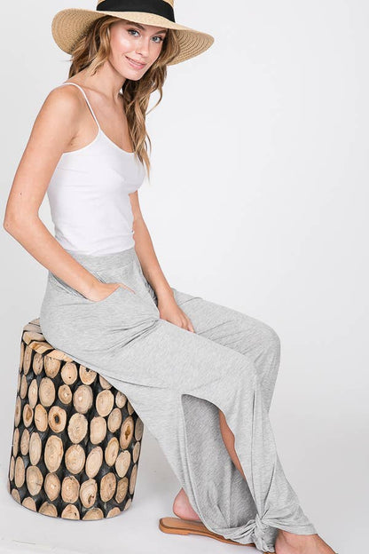 Solid Elastic Waist Side Slit Ankle Tie Pants P1462