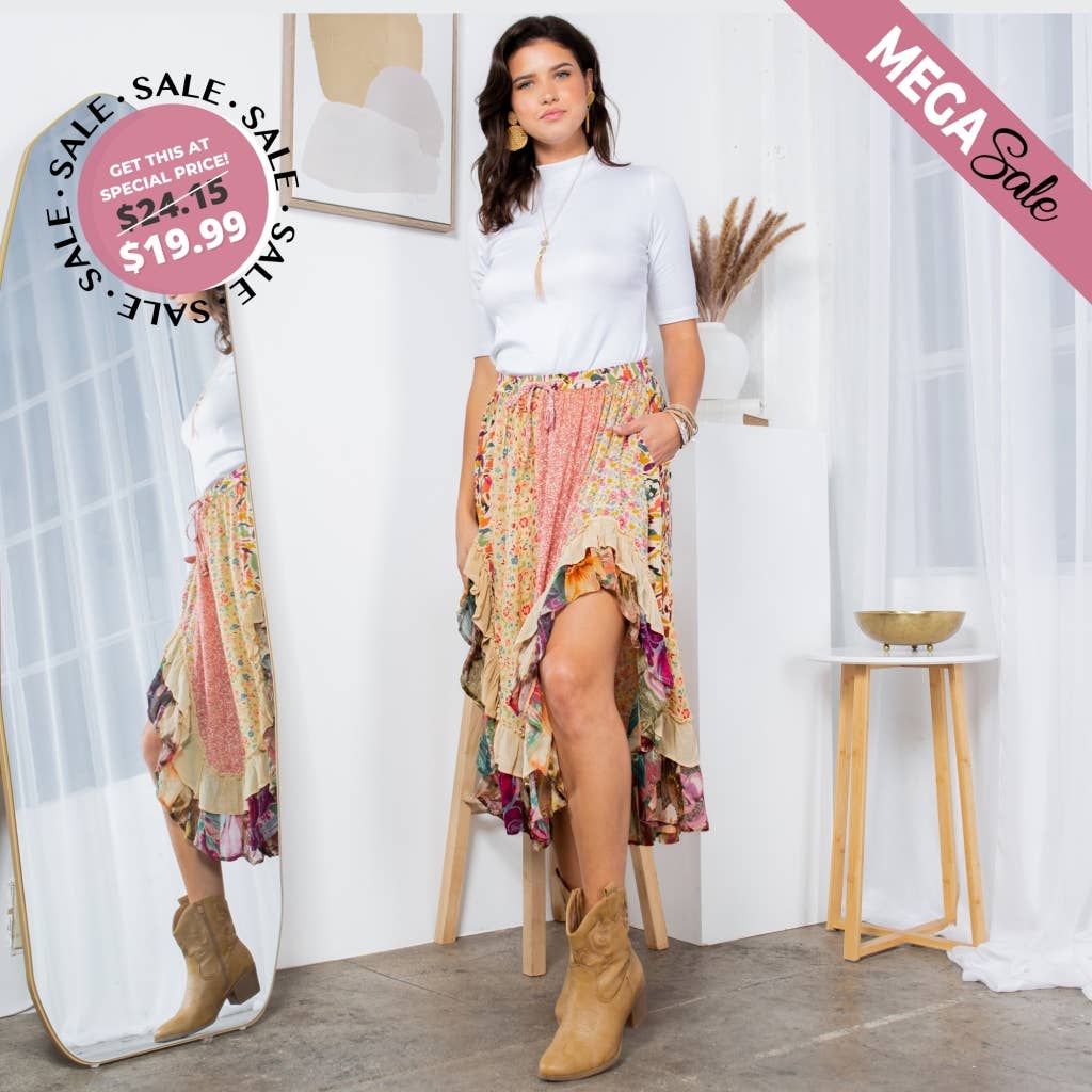 Overdyed Mid-Length Rayon Printy Skirt Boho Babe (XS-S-M)