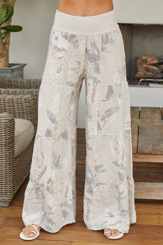 LINEN FLORAL TIERED PALAZZO PANT(2-36-FLORAL-BEIGE): MEDIUM