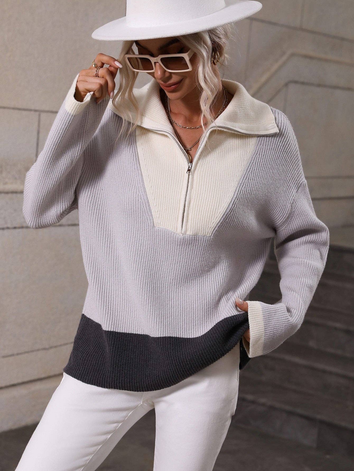 Color Block Half-Zip Dropped Shoulder Knit Pullover: Blue / M
