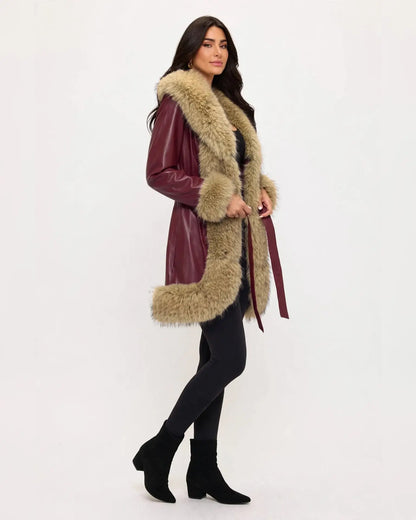 CLAPC0018: Women's Faux Leather Coat, Faux Fur Contrast Trim