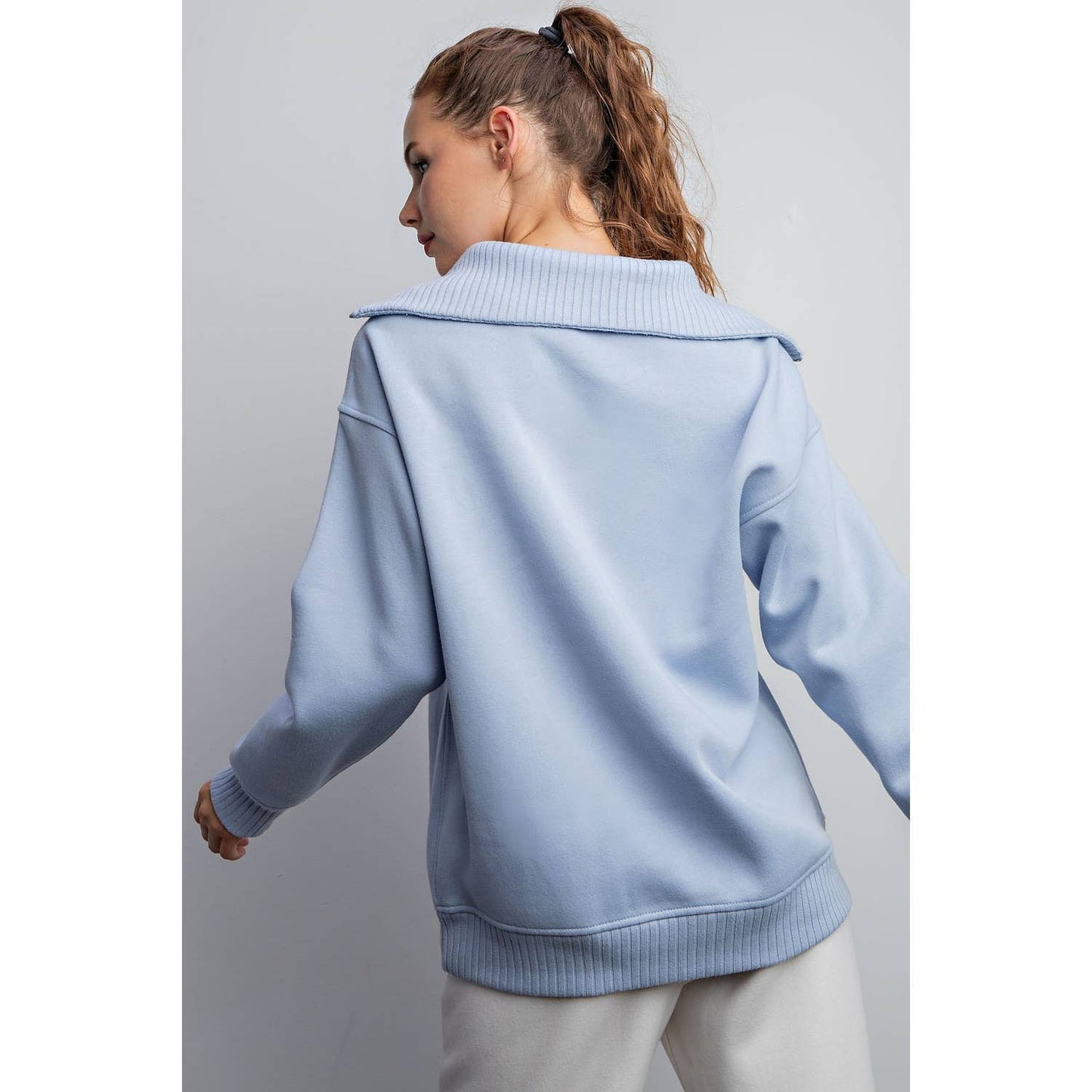 FRENCH TERRY RIBBED MOCK NECK PULLOVER: Sky Blue / M