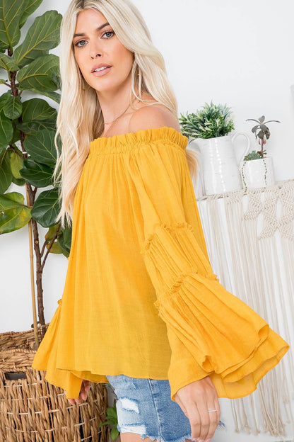 OFF SHOULDER TIERED BELL SLEEVE TOP: EARL GREY / M