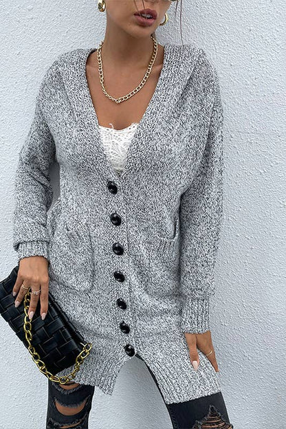 Gray Knit Dual Pocket Hooded Long Cardigan with front button: M