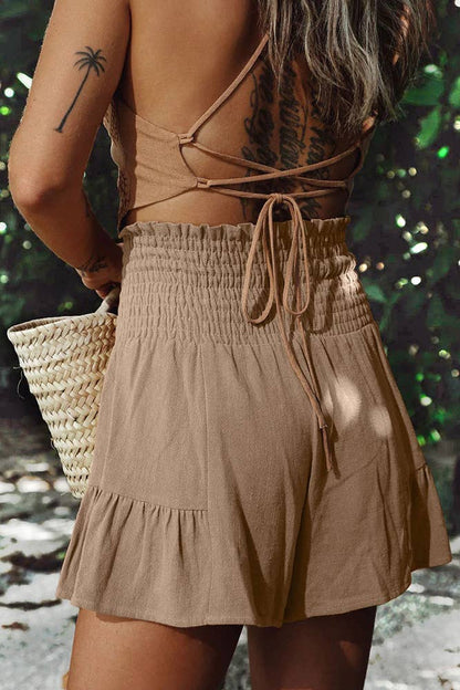 HIgh Waist Tie Knot Ruffle Shorts ZZKF774: Black / L