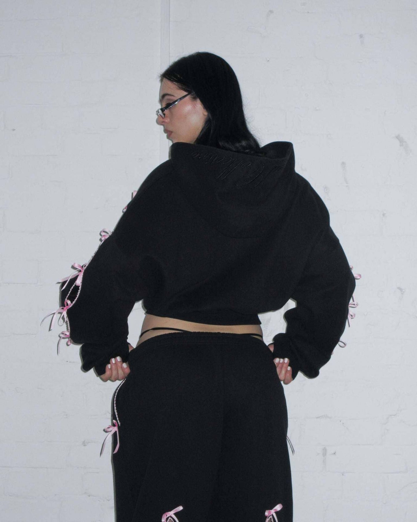 Black Solid color bow velvet casual hollow sweatshirt sports pants