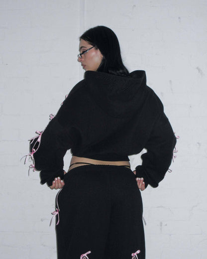 Black Solid color bow velvet casual hollow sweatshirt sports pants