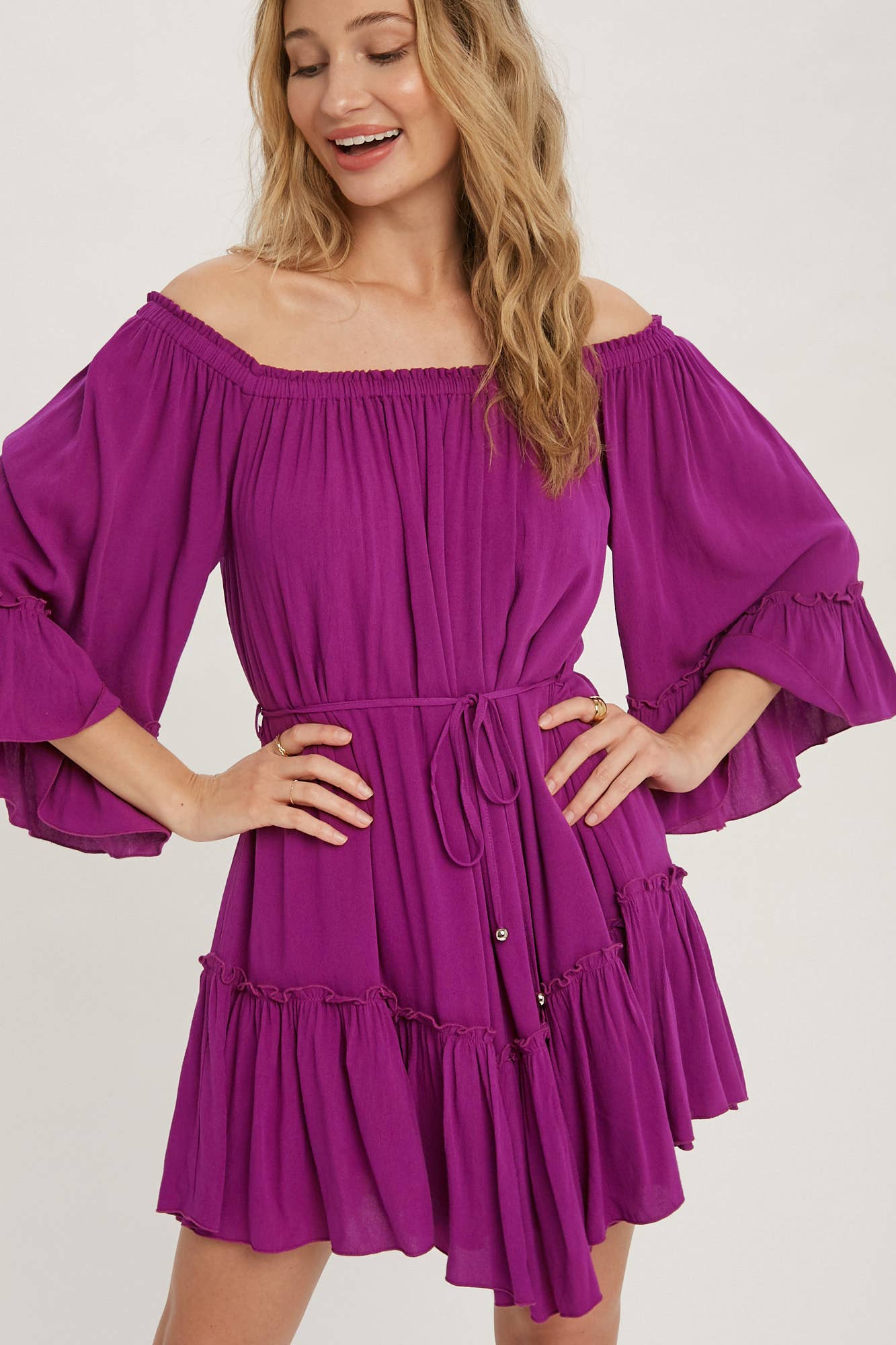 RUFFLED SOLID BOHO DRESS: ORCHID / M