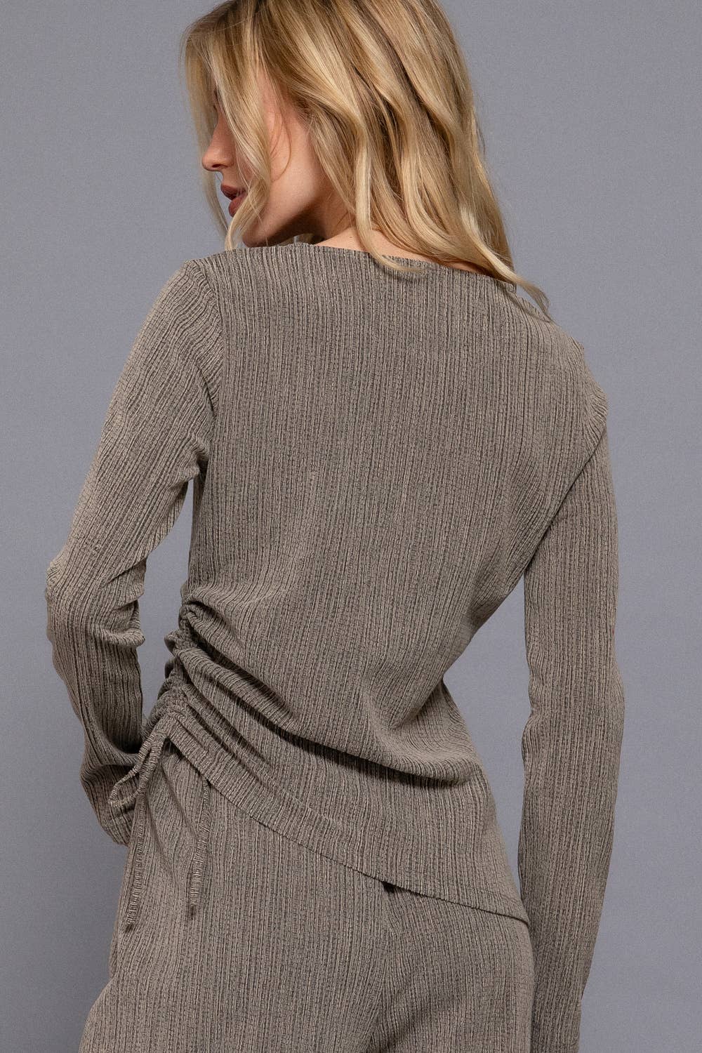Long Sleeve Round Neck Side Ruched Two Tone Texture Knit Top