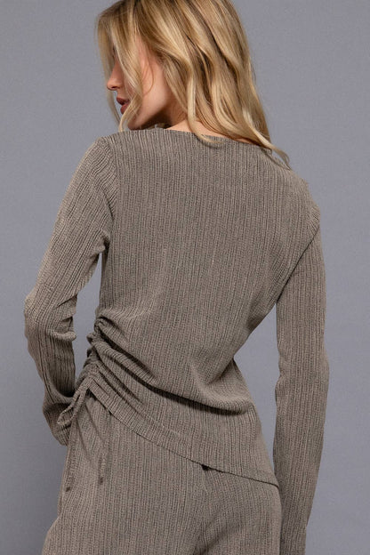 Long Sleeve Round Neck Side Ruched Two Tone Texture Knit Top
