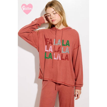 Falalala glitter print rib Hoodie loungewear set