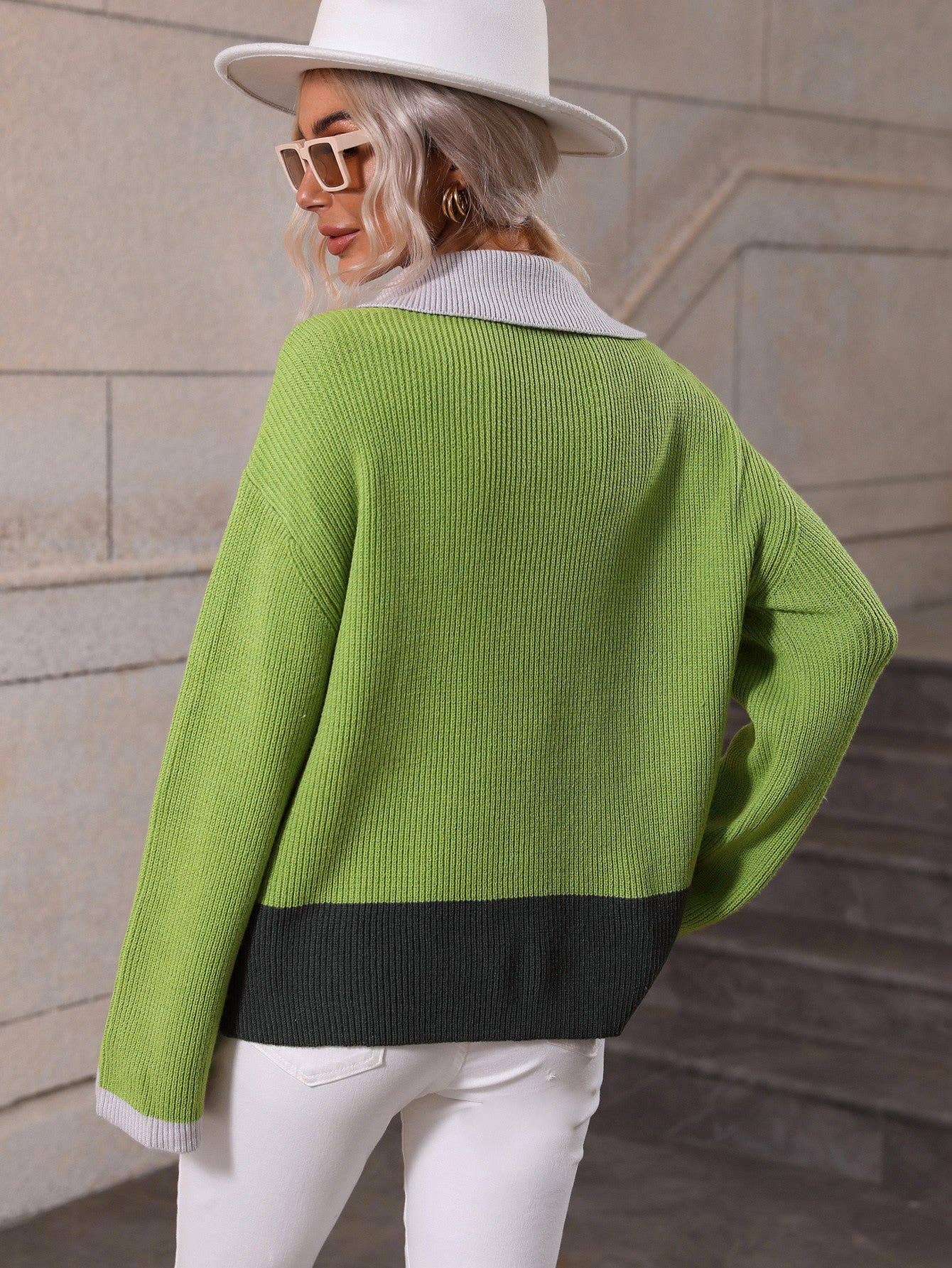 Color Block Half-Zip Dropped Shoulder Knit Pullover: Blue / S
