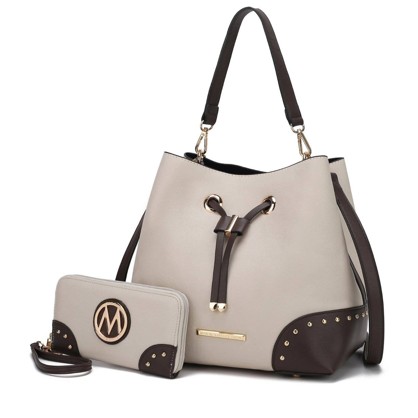 Candice Color Block Bucket Bag with matching Wallet by Mia K: Beige Coffee