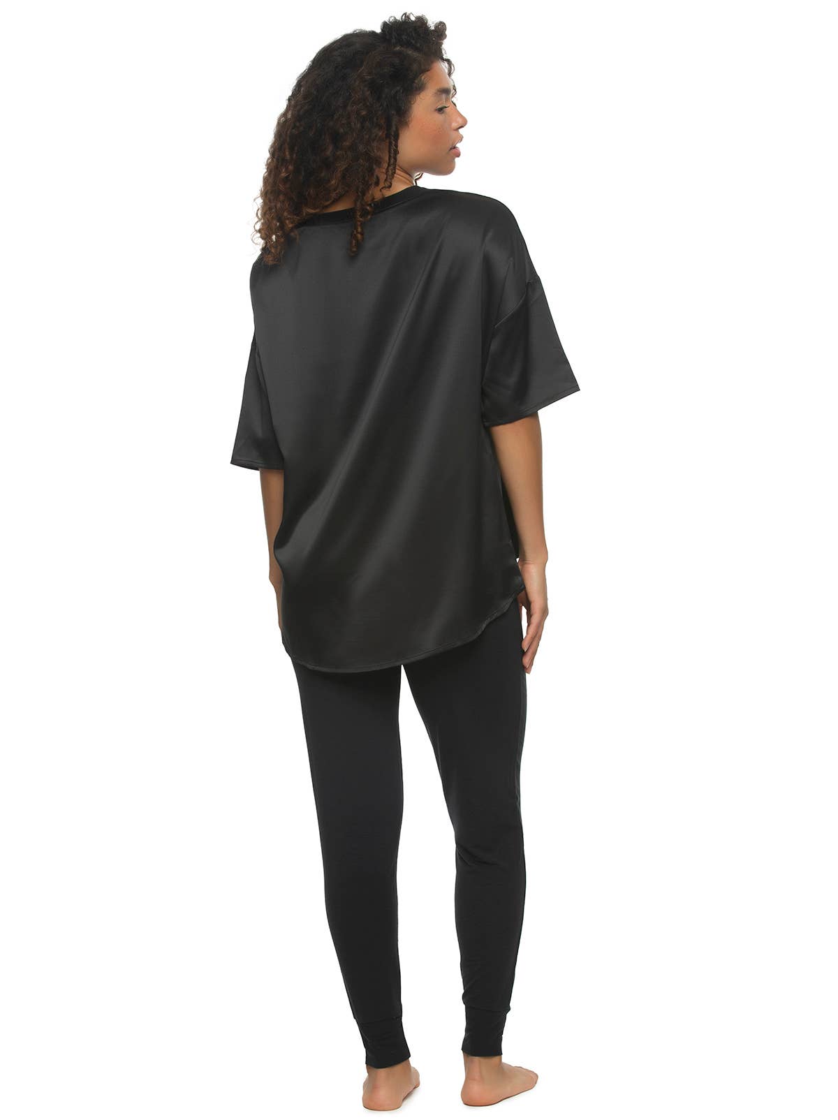 Elysees Satin Tee and Knit Jogger Set: Black (BLK) / XL