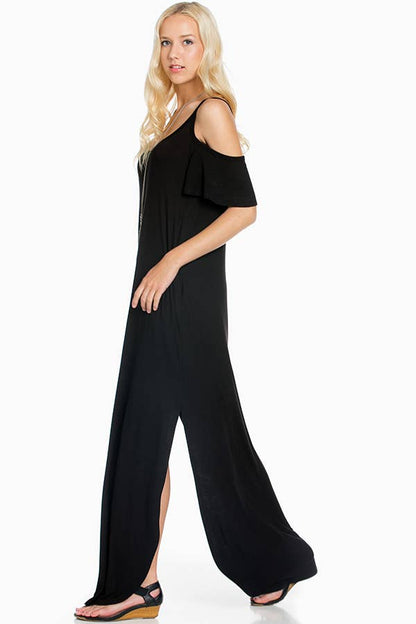 SD5050 Ruffled Cold-shoulder Maxi Dress: M / Navy