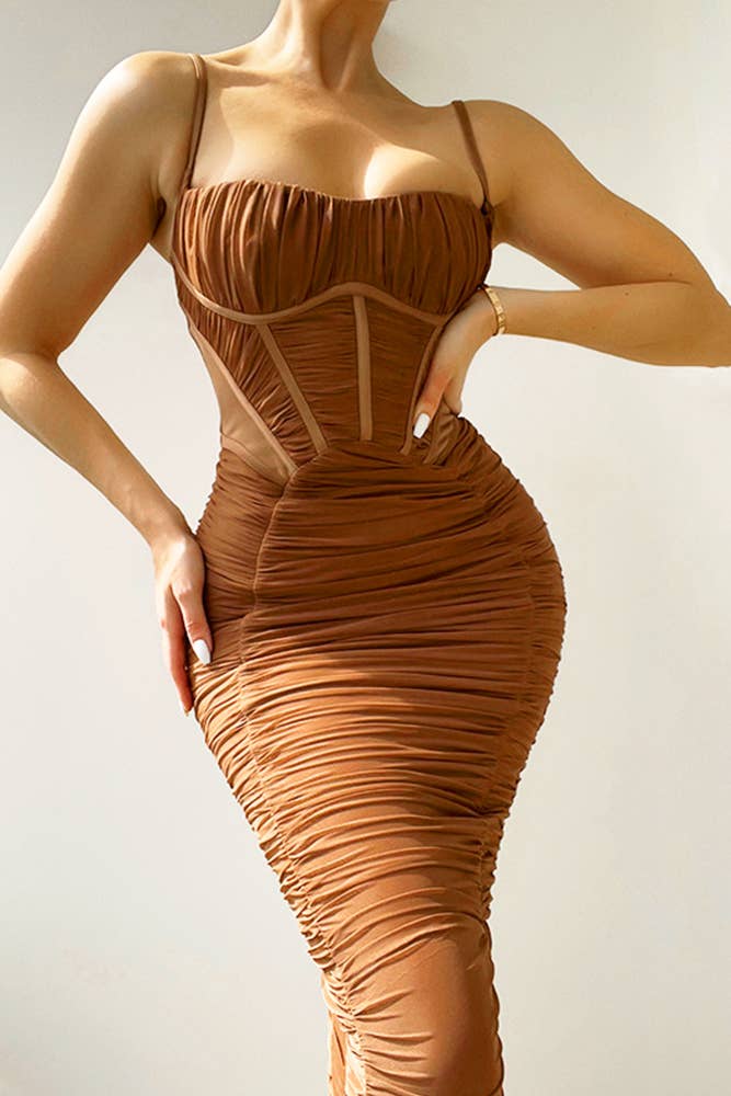 Backless Bodycon Slim Ruched Spaghetti Dress ZZKF186: Black / L