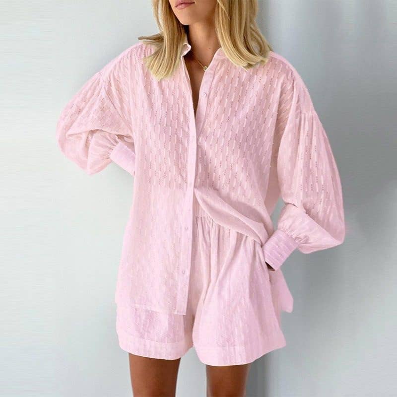 Summer Women's Blouse Bubble Sleeve Shorts Set