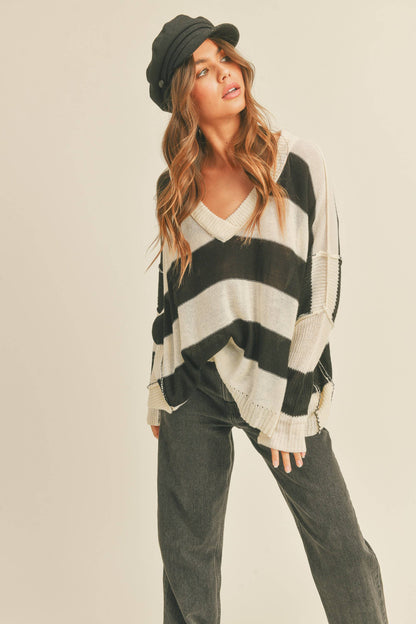 MMT1414 M WIDE BAND PATTERNED SWEATER TOP: BLACK/WHITE / M