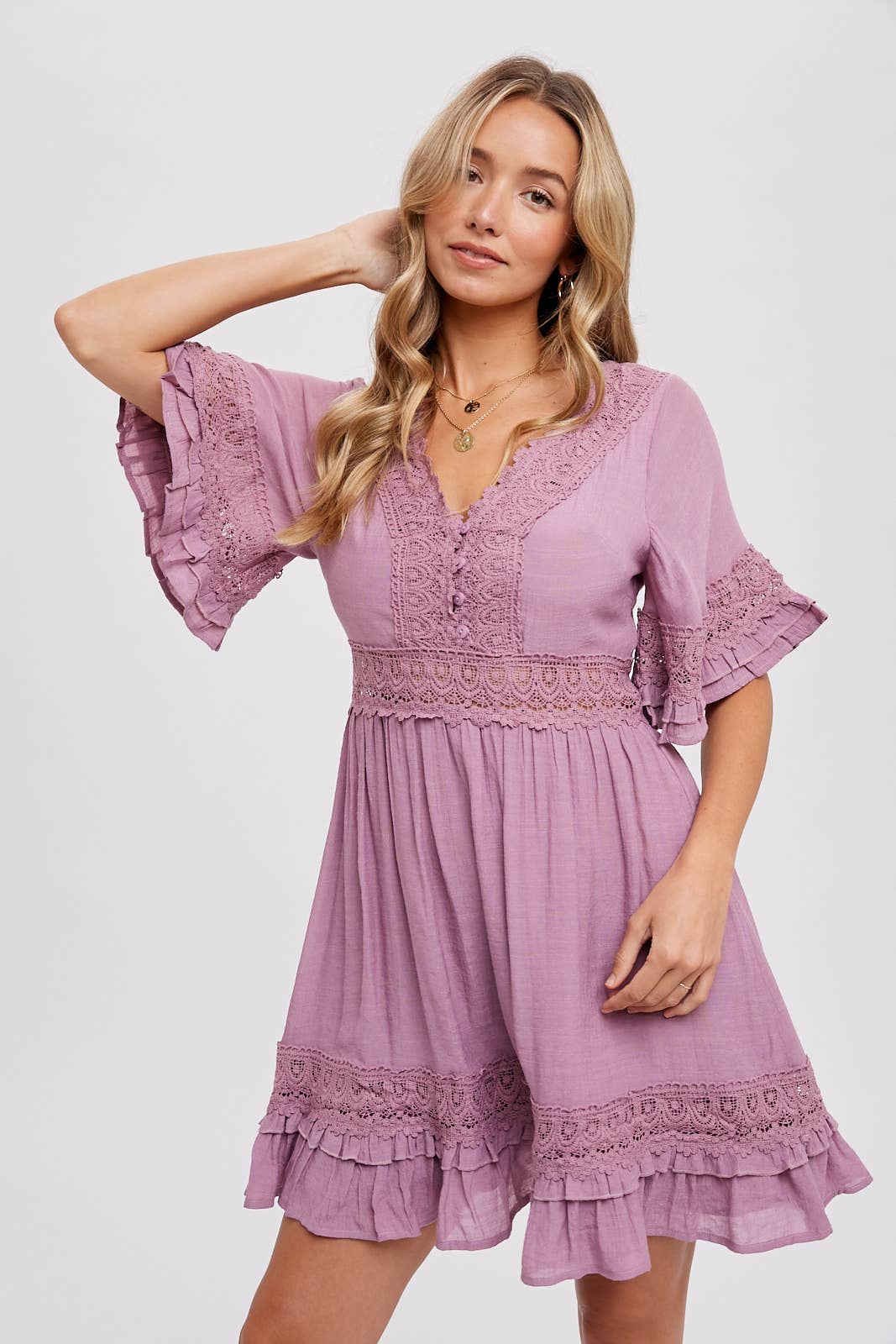V-NECK LACE DRESS - Open Back with Tie Detail