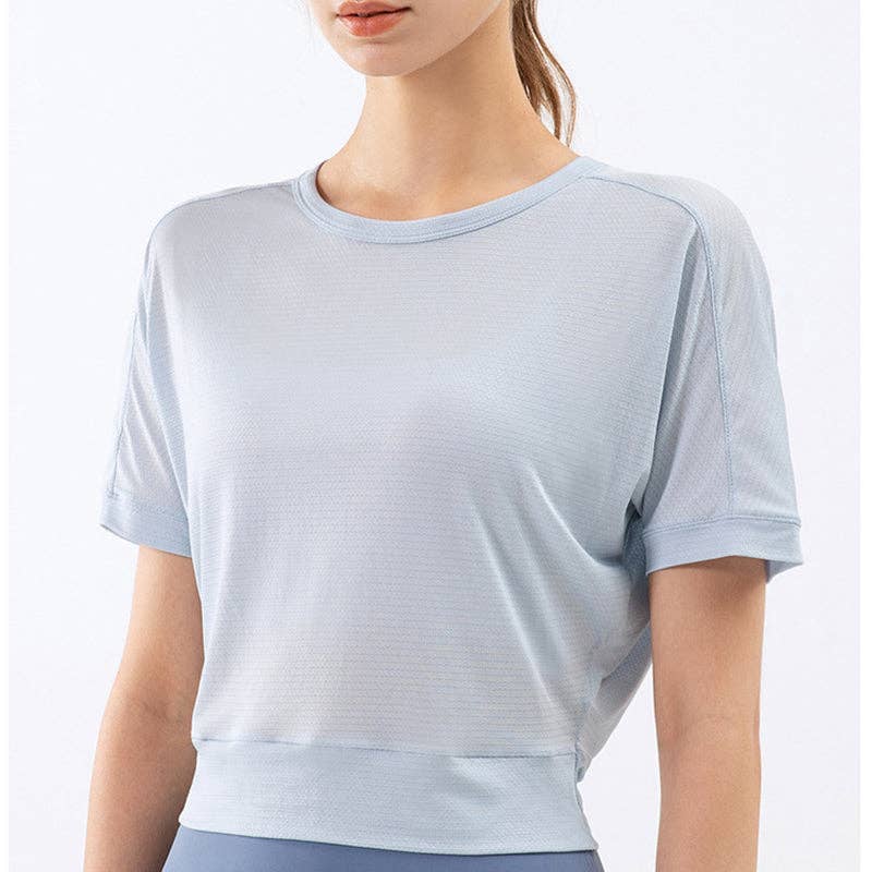 Open Triangle Twist Knot Back Tee: Light Blue / Large-8-10