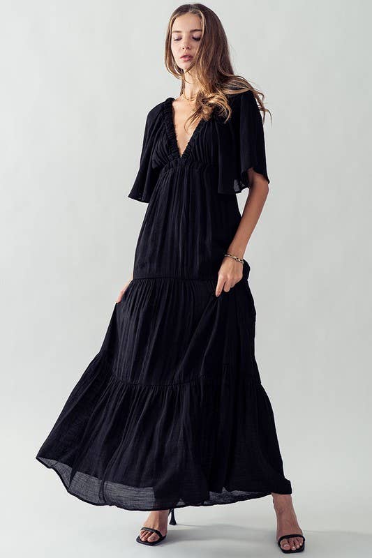 DEEP V NECK TIERED MAXI DRESS: BLACK