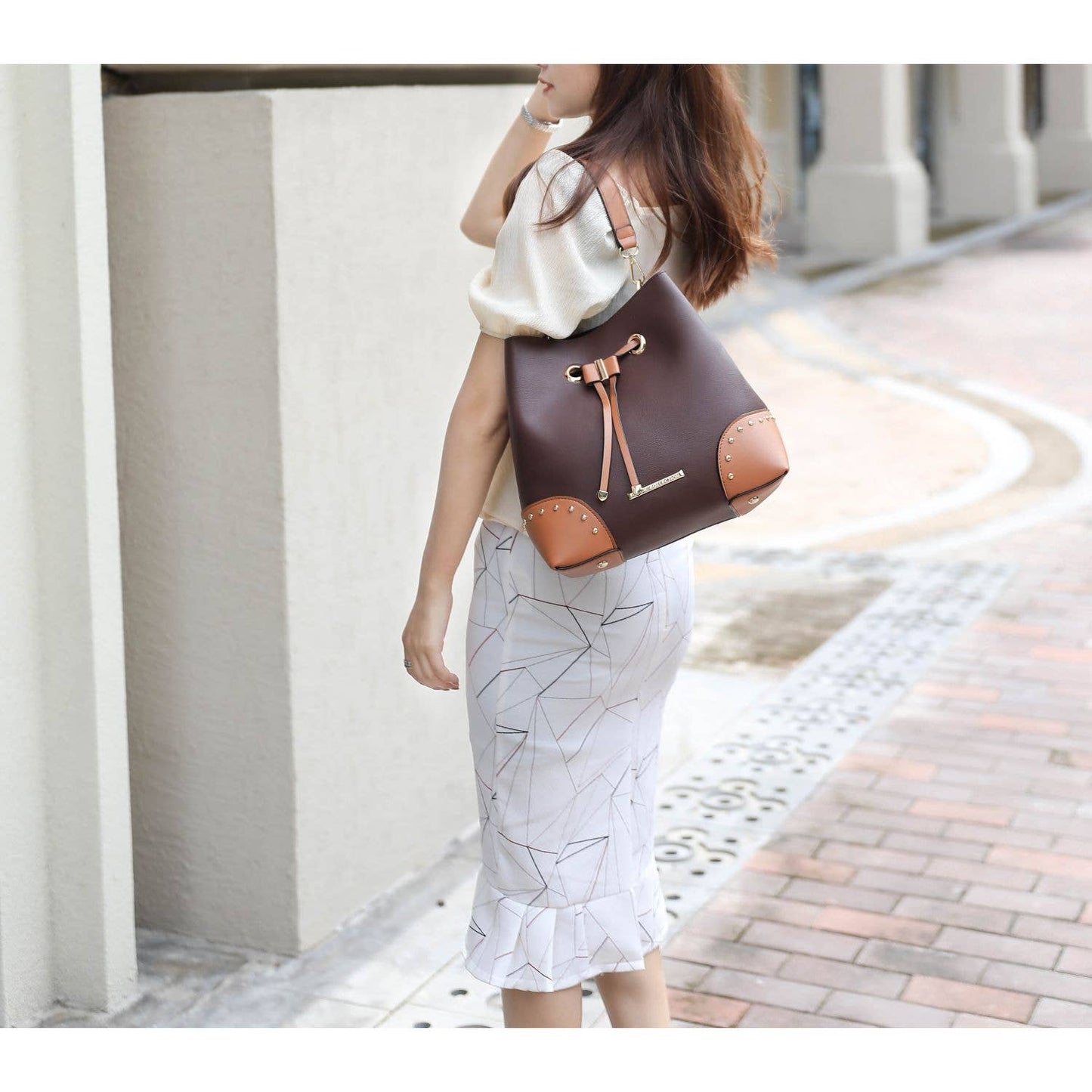 Candice Color Block Bucket Bag with matching Wallet by Mia K: Beige Coffee