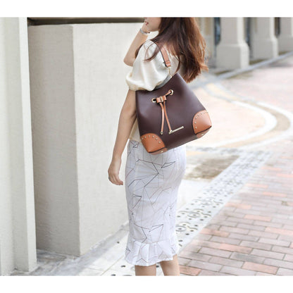 Candice Color Block Bucket Bag with matching Wallet by Mia K: Beige Coffee