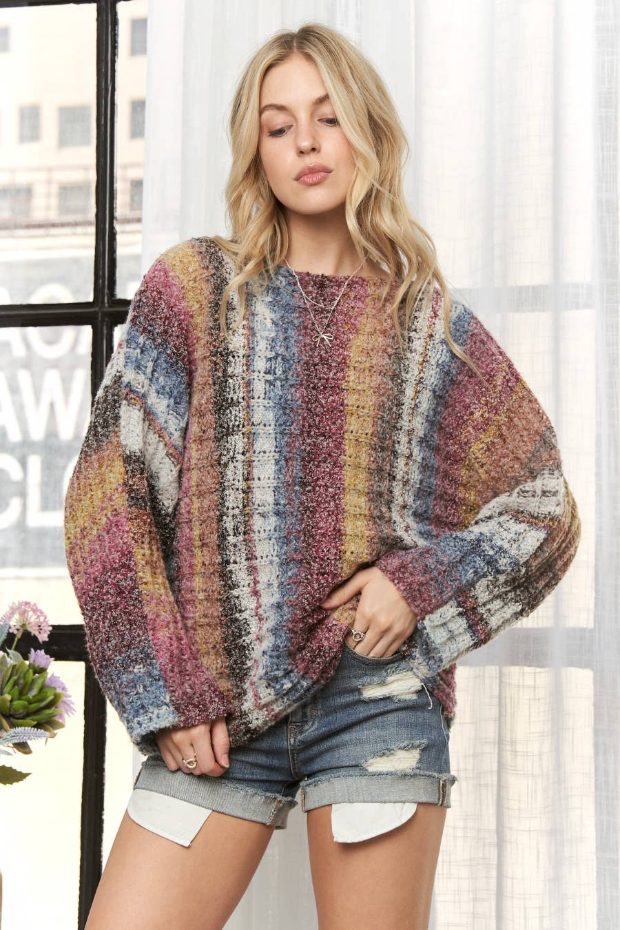 CESW3190 - BOAT NECK MULTI STRIPE SWEATER TOP