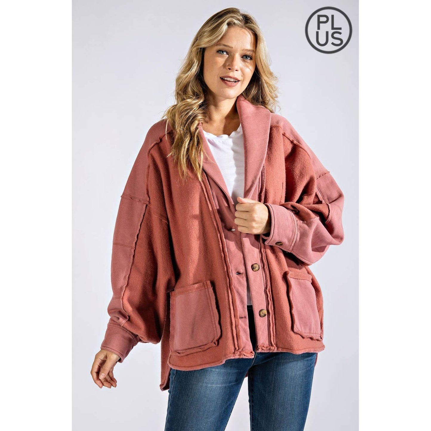 PLUS COTTON FRENCH TERRY MINERAL WASHED JACKET: Mocha / 3X