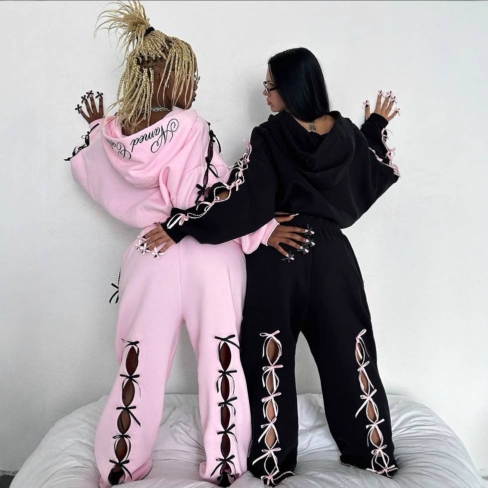 Black Solid color bow velvet casual hollow sweatshirt sports pants