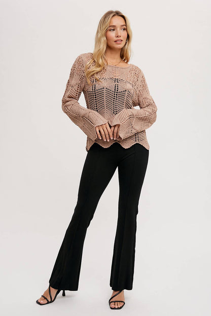 Open Knit Sweater Pullover - Scallop Hem: LATTE / S