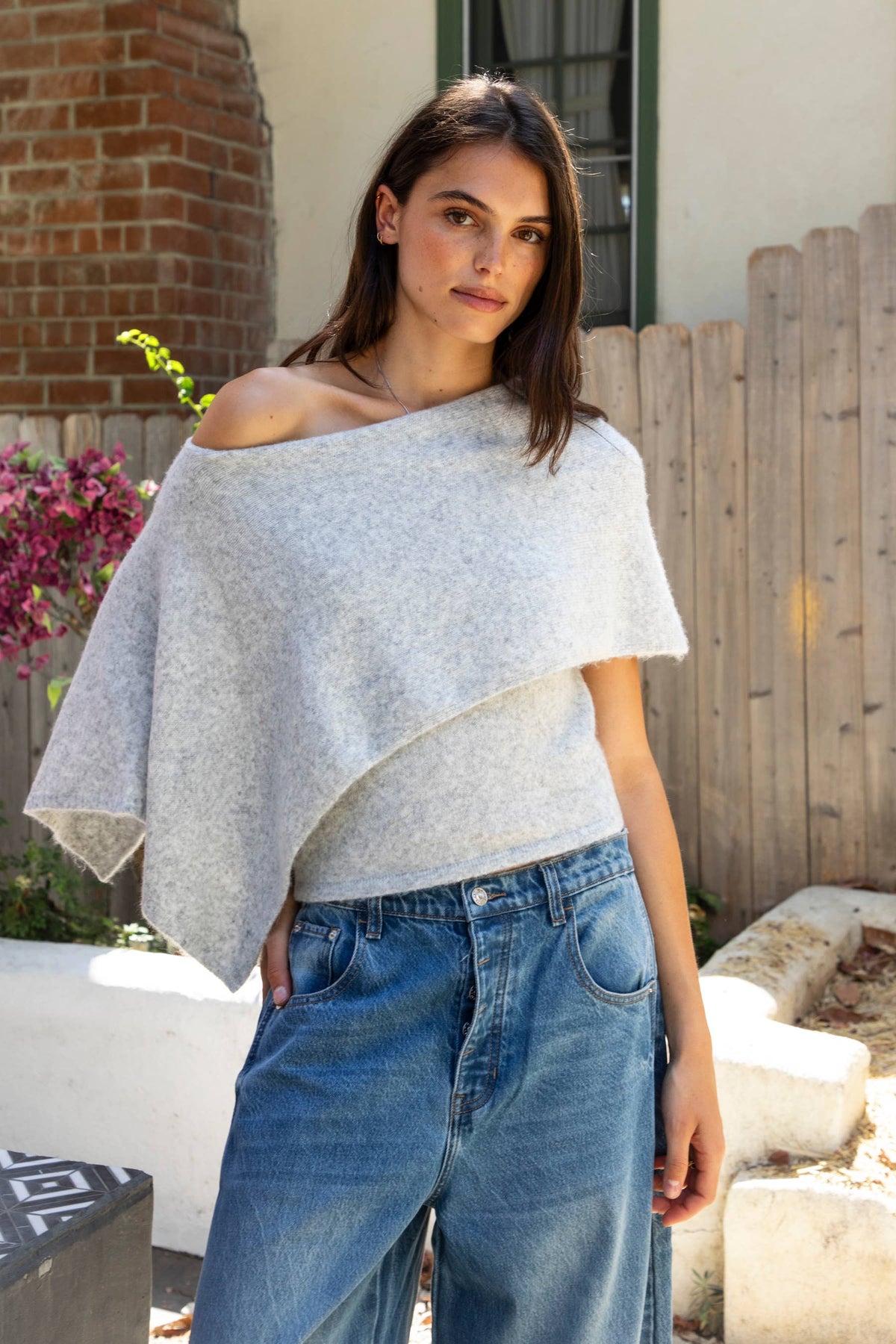 AINSLEY Off Shoulder Asymmetric Knit Poncho Sweater