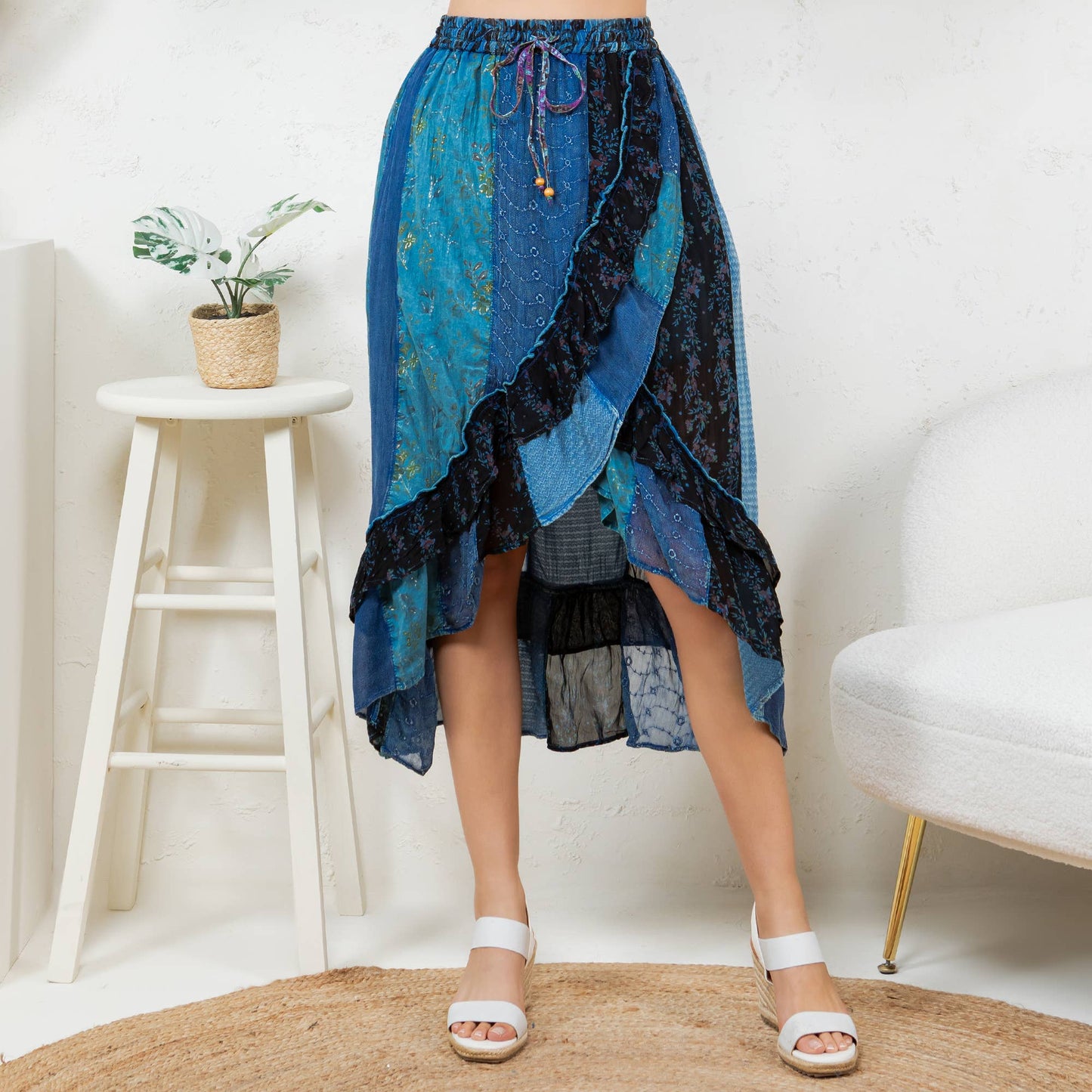Boho Fusion: Ruffled wrapped look Fit&Flare Midi Skirt