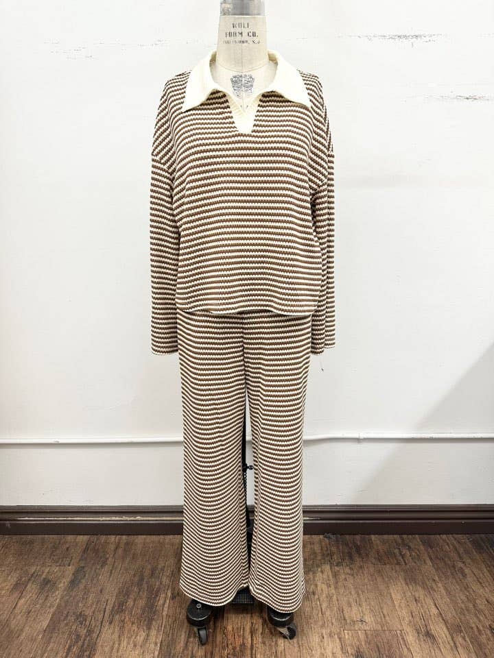Striped Collared Knit Lounge Pant  Set