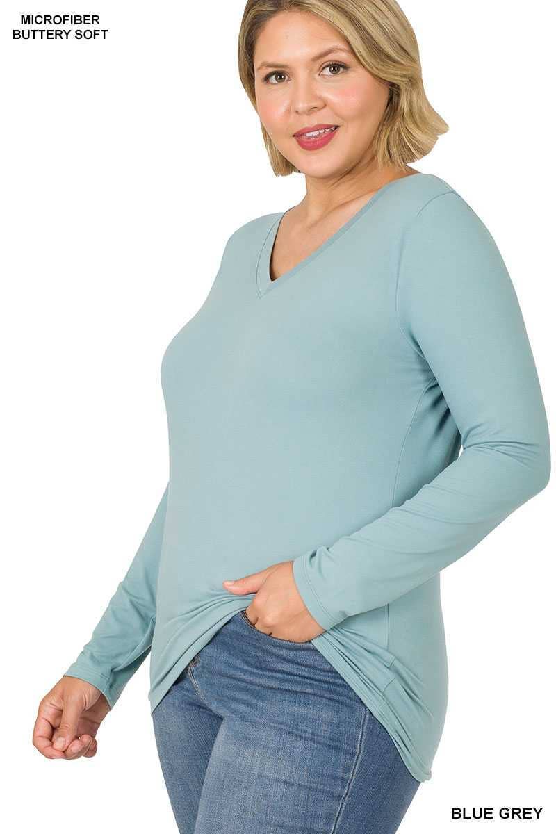 Plus Size Brushed Microfiber Long Sleeve V-neck Tee
