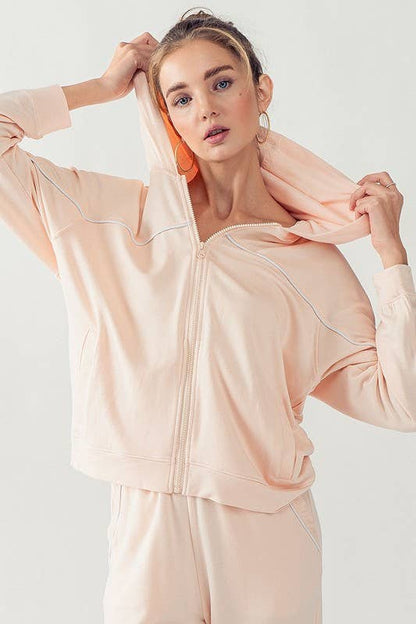 KJR11898 HOODED ZIP UP OUTER SEAM SWEATER: SURF SPRAY / S-2/M-2/L-2