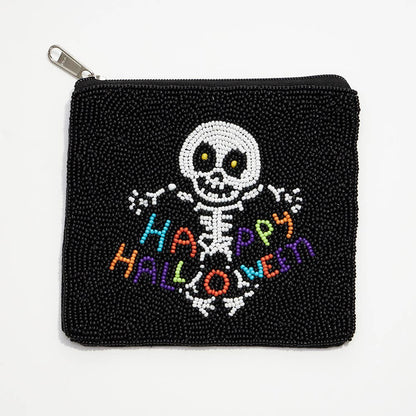 Happy Halloween Message Skull Seed Beaded Halloween Mini Bag