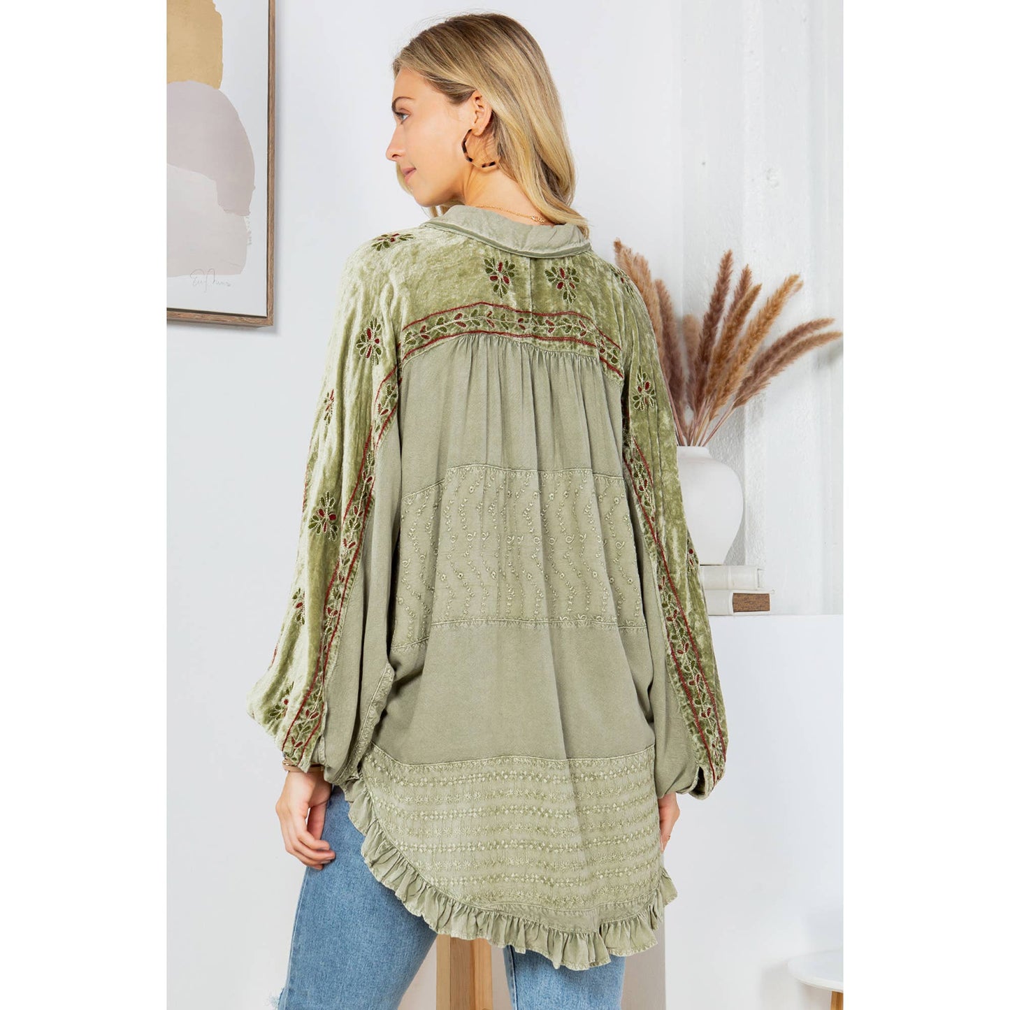 Bohemian Elegance: Stonewashed Rayon Bat Sleeve Top: Olive / (S-M-L-XL 1-2-2-1)