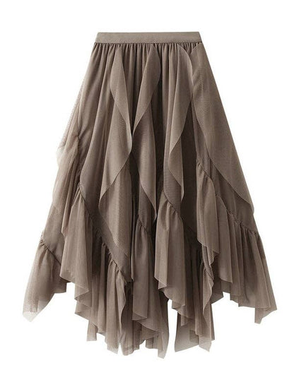 Elasticity Gauze Pleated Solid Color Split-Joint A-Line Loos