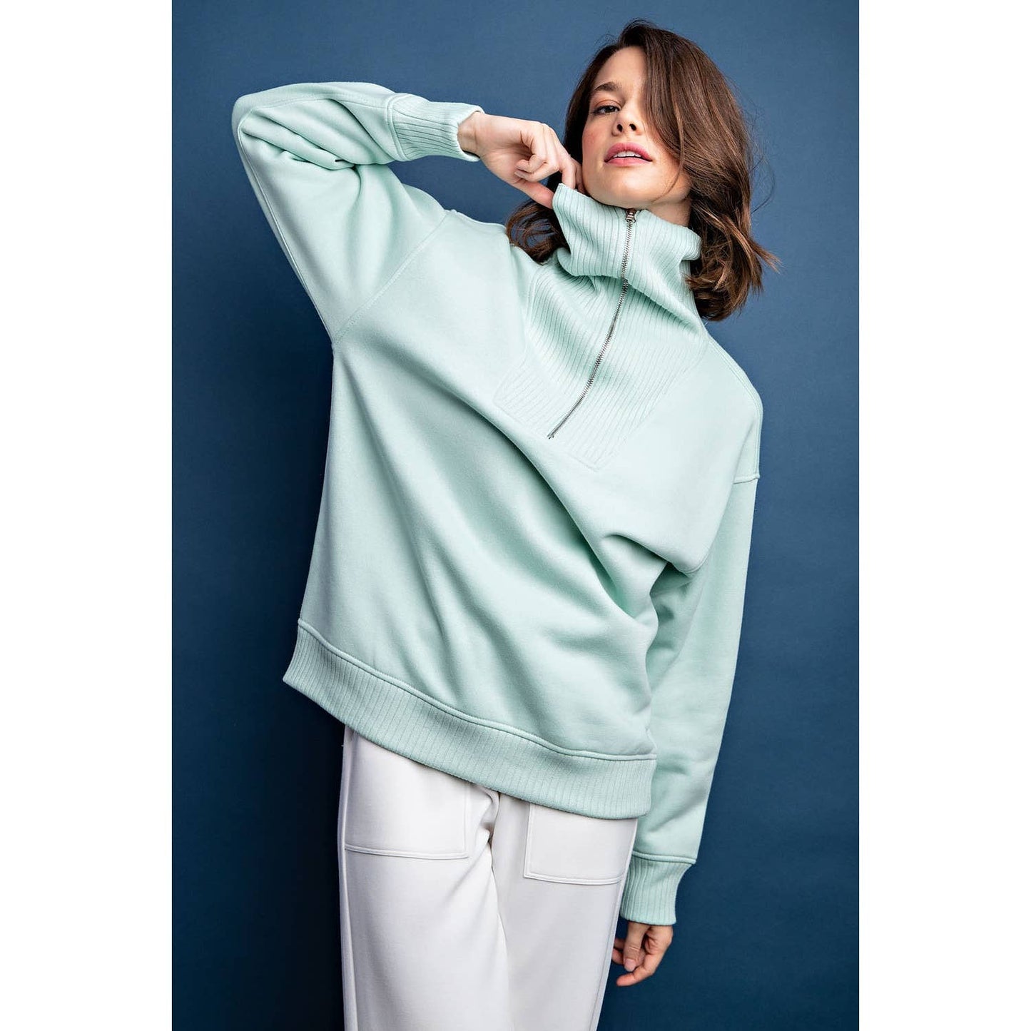 FRENCH TERRY RIBBED MOCK NECK PULLOVER: Sky Blue / L