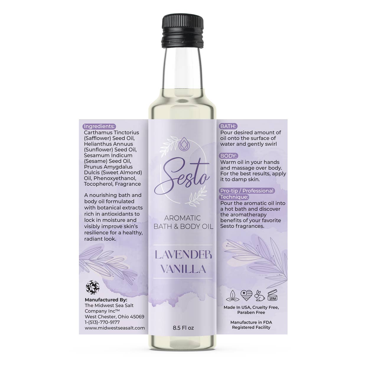 Sesto Aromatic Bath & Massage Oil - Lavender Vanilla - 8.5oz