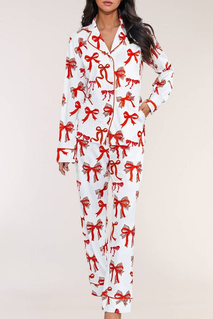 Christmas Bow Print Long Sleeve Pajama Set