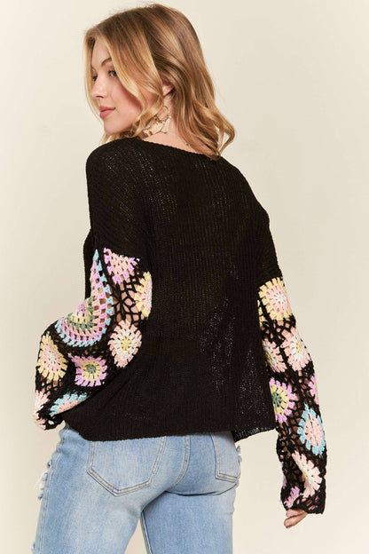 CESW3576 - MULTI COLOR CROCHET SLEEVE LOOSE TOP
