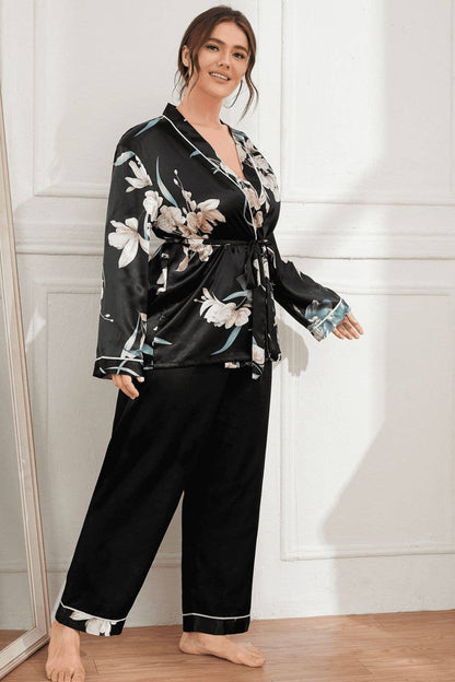 Plus Size Floral Belted Robe and Pants Pajama Set: Black / 4XL