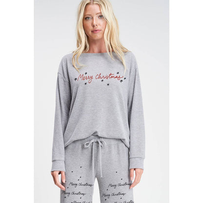 Merry Christmas print soft lounge wear set: Heather Grey / L