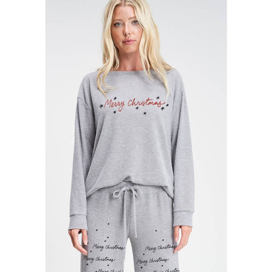 Merry Christmas print soft lounge wear set: Heather Grey / L