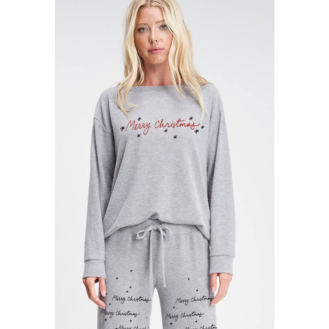Merry Christmas print soft lounge wear set: Heather Grey / S