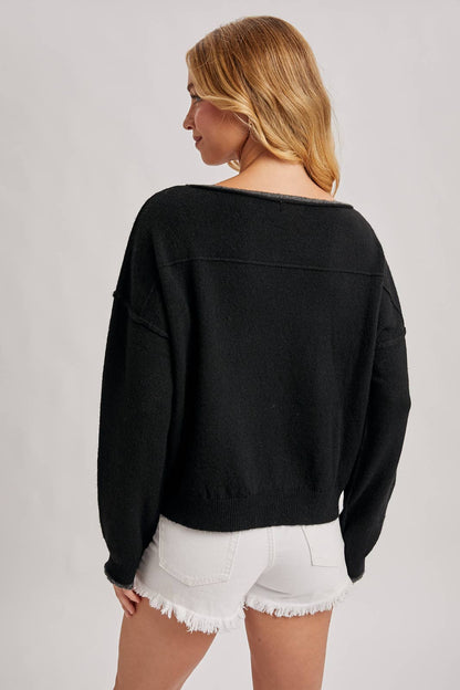 BOAT NECK ROLLED TRIM SOFT HEATHERED KNIT PULLOVER