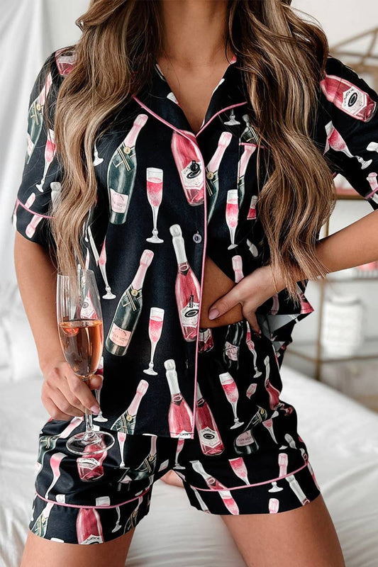 CWSS0717_WINE GLASS PRINTED SHORT SLEEVE TOP SHORTS SUIT