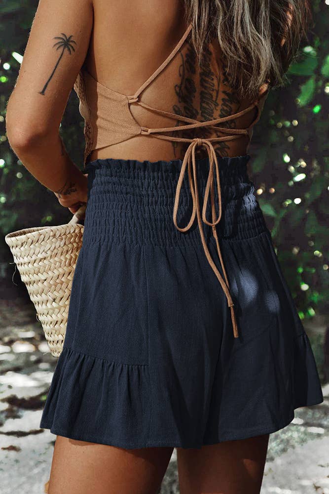 HIgh Waist Tie Knot Ruffle Shorts ZZKF774: Black / L